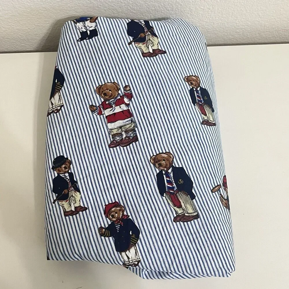 Ralph Lauren Full Fitted Sheet Polo Bears Blue Striped Cotton USA Made